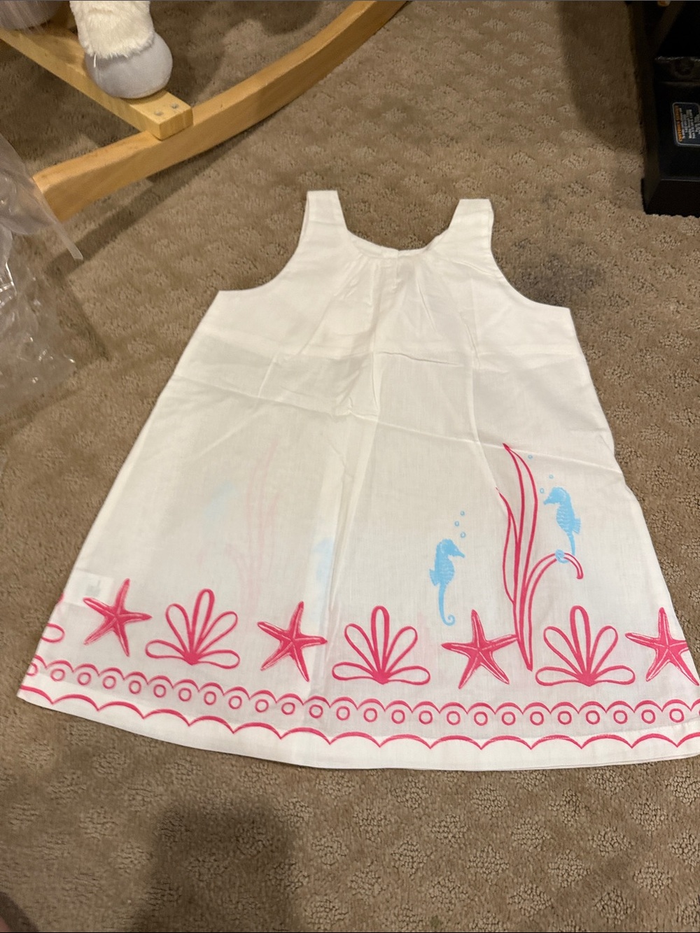 Janie and Jack White Dress with Pink Trim and Blue Seahorse Motif